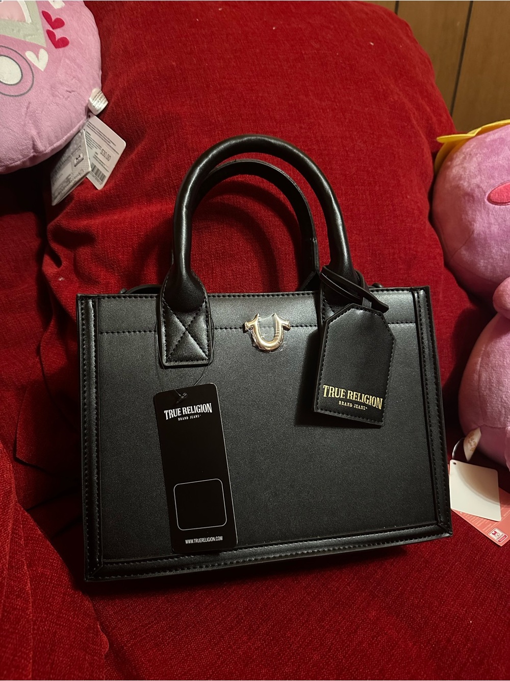True Religion Black Leather Structured Satchel with Gold Tone Hardware